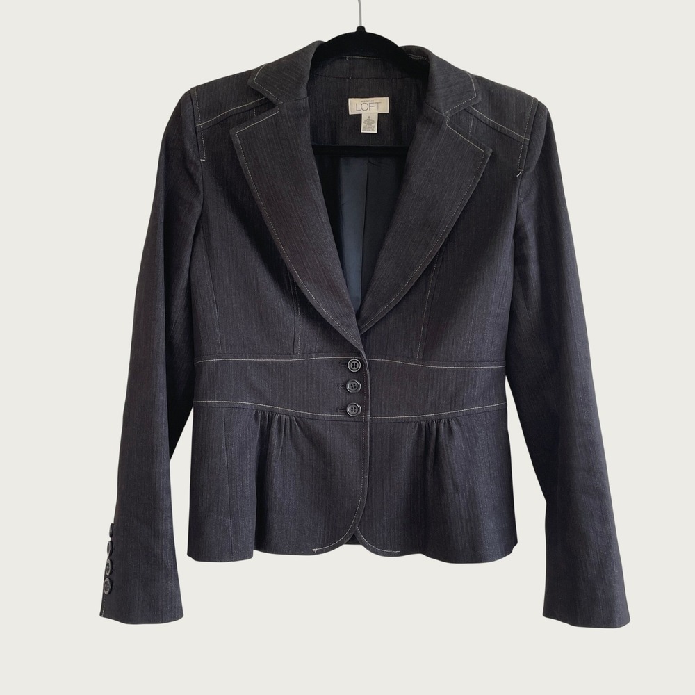 Ann Taylor LOFT Blazer Women 6 Grey Peplum‎ Denim Herringbone Corset Back Jacket